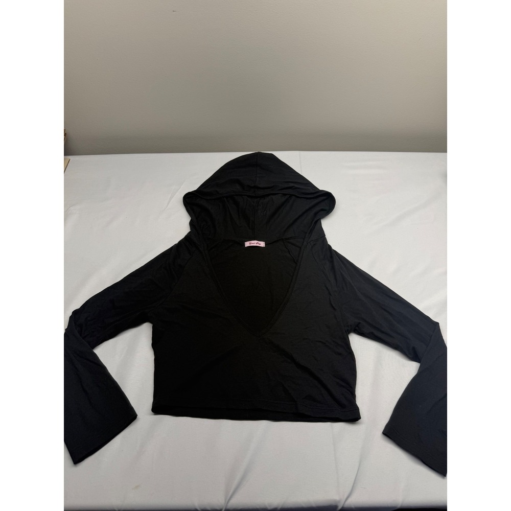 Sour Pop Womens Black Bamboo Cotton Deep V-Neck Cropped Hoodie Top Size M